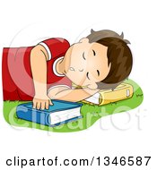 Poster, Art Print Of Brunette Caucasian Boy Sleeping On A Lawn And Using A Book As A Pillow