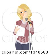 Happy Blond Caucasian Woman Reciting A Poem At A Microphone
