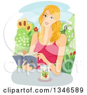 Poster, Art Print Of Happy Blond Caucasian Woman Reading A Book With Juice In A Garden