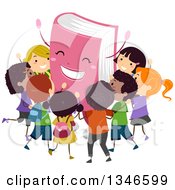 Cheering Pink Book Mascot Surrounded By Happy Children
