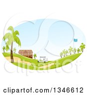 Poster, Art Print Of Golf Cart Near A Building With Palm Trees In The Landscape
