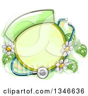 Sketched Round Frame With Herbal Plants Flowers And A Stethoscope