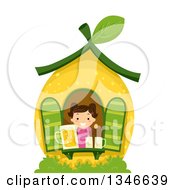 Cartoon Happy Brunette Caucasian Girl In A Lemon House With Lemonade At The Window