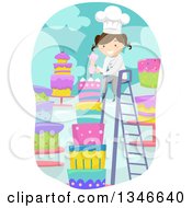 Poster, Art Print Of Cartoon Brunette Caucasian Female Baker On A Ladder Decorating A Tall Cake