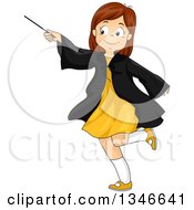 Poster, Art Print Of Cartoon Happy Brunette Caucasian Girl Playing With A Magic Wand
