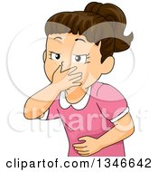 Cartoon Brunette Caucasian Girl Covering Her Mouth And About To Throw Up