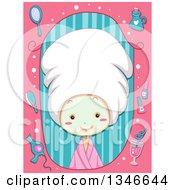 Poster, Art Print Of Cartoon Caucasian Girl Wearing A Towel On Her Hair And A Face Mask In A Pink And Stripe Beauty Frame