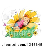 Cartoon Red Haired Caucasian Girl Sleeping In A Giant Sunflwoer