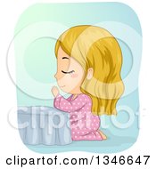 Poster, Art Print Of Cartoon Blond Caucasian Girl Kneeling And Praying At Her Bed Side