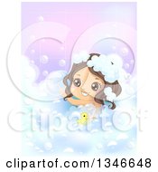 Poster, Art Print Of Happy Brunette Caucasian Girl Playing With A Rubber Duck In A Bubble Bath