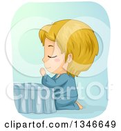 Poster, Art Print Of Cartoon Blond Caucasian Boy Kneeling And Praying At The Foot Of His Bed