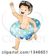 Poster, Art Print Of Happy Brunette Caucasian Boy Wearing Goggles On His Head And Running With An Inner Tube