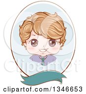 Poster, Art Print Of Happy Dirty Blond Caucasian Boy Wearing A Neck Tie In A Blue Oval Frame Over A Blank Banner