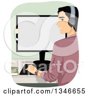 Poster, Art Print Of Rear View Of A Black Haired Man Looking Back Wearing Headphones And Working On A Desktop Computer