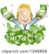 Cartoon Blond Caucasian Business Man Popping Out Of A Pile Of Cash Money