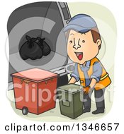 Cartoon Brunette Caucasian Garbage Man With Canisters