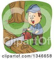 Poster, Art Print Of Cartoon Brunette Caucasian Logger Cutting With A Chainsaw