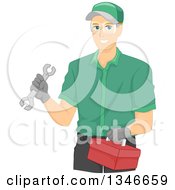 Poster, Art Print Of Happy Caucasian Mechanic Holding A Wrench And Tool Box