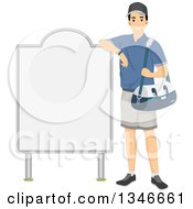 Poster, Art Print Of Happy Male Athlete Holding A Bag And Leaning Against A Blank Sign