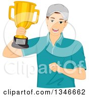 Poster, Art Print Of Happy Caucasian Male Athlete Holding Up A Gold Trophy