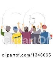 Rear View Of A Group Of Male Sports Fans Cheering One With A Foam Finger
