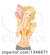 Poster, Art Print Of Happy Blond Caucasian Woman Holding And Listening To A Large Conch Sea Shell