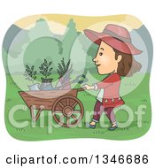Poster, Art Print Of Cartoon Brunette Caucasian Woman Pushing A Wheelbarrow Of Garden Tools And Plants