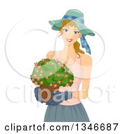 Poster, Art Print Of Happy Dirty Blond Caucasian Woman Carrying A Flower Pot