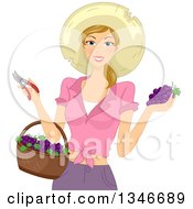 Poster, Art Print Of Happy Dirty Blond Caucasian Woman Wearing A Garden Sun Hat Holding Grapes Pruners And A Basket
