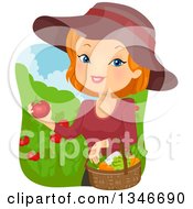 Poster, Art Print Of Cartoon Red Haired Caucasian Woman Harvesting Tomatoes And Veggies From Her Garden