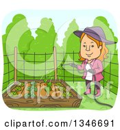Poster, Art Print Of Cartoon Red Haired Caucasian Woman Watering Vegetable Plants In A Raised Garden Bed