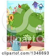 Lush Garden With A Watering Can Trowel Flowers Bird Houses And A Shrub With Text Space