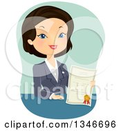 Poster, Art Print Of Cartoon Black Haired Business Woman Or Insurance Agent Holding A Certificate