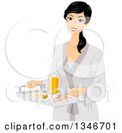 Poster, Art Print Of Black Haired Woman In A Robe Carrying A Tray Of Breakfast Foods