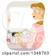 Clipart Of A Rear View Of A Dirty Blond Caucasian Woman Working At A Desktop Computer Royalty Free Vector Illustration by BNP Design Studio