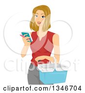 Dirty Blond Caucasian Woman Holding A Basket And Reading A Shopping List