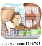 Cartoon Brunette Caucasian Woman Crying And Being Evicted From Her Home