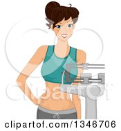 Poster, Art Print Of Brunette Caucasian Woman Weighing Herself On A Scale
