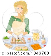 Poster, Art Print Of Happy Blond Caucasian Woman Making Sandwiches And Snacks