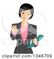 Poster, Art Print Of Beautiful Black Haired Real Estate Agent Holding Out Keys