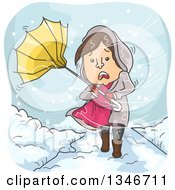 Cartoon Brunette Caucasian Woman Caught In A Snow Storm With An Umbrella