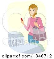 Poster, Art Print Of Happy Dirty Blond Caucasian Woman Holding A Ticket At A Turnstile