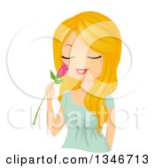 Cartoon Blond Caucasian Woman Smelling A Pink Rose