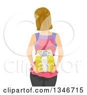 Rear View Of A Dirty Blond Caucasian Woman Holding A Gift Behind Her Back