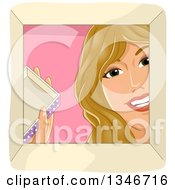 Clipart Of A Happy Blond Caucasian Woman Looking Down Into A Gift Box Royalty Free Vector Illustration by BNP Design Studio