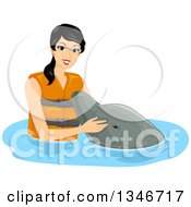 Poster, Art Print Of Black Haired Woman Wearing A Life Jacket And Petting A Dolphin