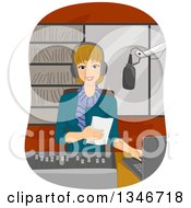Happy Dirty Blond Caucasian Woman Disk Jockey Using A Laptop And Reading From A Piece Of Paper