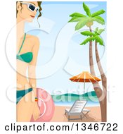 Poster, Art Print Of Brunette Caucasian Woman Shown Half Body Wearing A Green Bikini And Holding A Hat Against A Tropical Beach