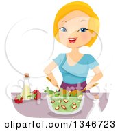 Poster, Art Print Of Cartoon Strawberry Blond Caucasian Woman Tossing A Salad