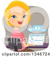 Poster, Art Print Of Cartoon Caucasian Woman Banking On Her Laptop Computer